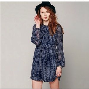 Free People Navy Long Sleeve Printed Ruffle Dress